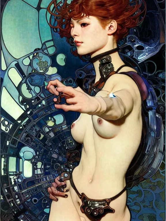 Prompt: realistic detailed sexy portrait of one sublime heroine with few parts of alien like cyberpunk armor, minimal sleek design armor style, by moebius, alphonse mucha, ayami kojima, amano, greg hildebrandt, and mark brooks, feminine, sexy, female, seductive, art nouveau, cyberpunk, neo - gothic, gothic, character concept design,