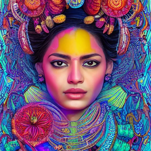 Image similar to the face of a ridiculously beautiful and sophisticated indian woman partially made of onion rings of all colors looking down, an ultrafine detailed illustration by james jean, final fantasy, intricate linework, bright colors, behance contest winner, vanitas, angular, altermodern, unreal engine 5 highly rendered, global illumination, radiant light, detailed and intricate environment