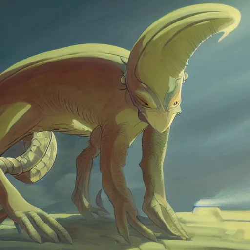 Image similar to concept art painting of an alien animal creature, detailed, cel shaded, in the style of makoto shinkai and moebius and james gurney