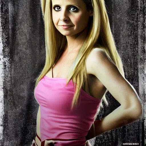 Image similar to Sarah Michelle gellar as daphne from Scrooby Doo movie tv still, photo, hyper realism, ultra detailed,