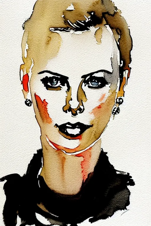 Prompt: charlize theron, watercolor portrait by David downton