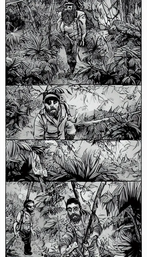 Prompt: multi - panel page from a highly detailed horror comic. a handsome rugged bearded man treks through a jungle wearing a backpack. rainforest. distant mountains. ink.