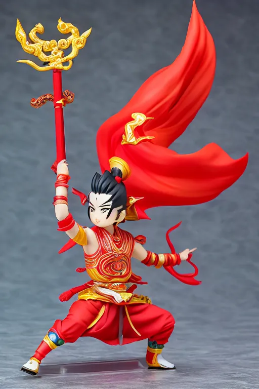 Image similar to arty chinese mythology ne zha nendoroid full body hyperdetalied, hero pose, osamu tezuka, macoto takahashi, chibi, q posket, 8 k realistic, 3 d, cryengine, exquisite, red cloth around his shoulders, hold spear, ne zha ( 2 0 1 9 ), fenghua zhong,