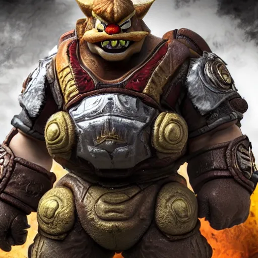 Image similar to Bowser from Mario in Gears of War, highly detailed, high quality, HD, 4k, 8k, Canon 300mm, professional photographer, 40mp, lifelike, top-rated, award winning, realistic, sharp, no blur, edited, corrected, trending
