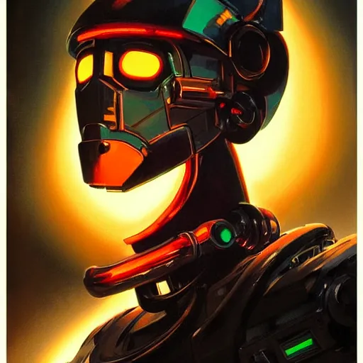 Image similar to a dark and colorful close - up side profile portrait of a sci - fi mecha robot with led lights glowing fog in the background. highly detailed science fiction painting by norman rockwell, frank frazetta, and syd mead. rich colors, high contrast, gloomy atmosphere, dark background. trending on artstation