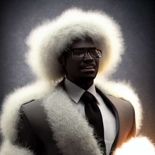 Prompt: beautiful 3D rendered fictional black man character made of fluffy clouds, wearing white suit, realistic, 8k, 4k, unreal engine, by Antoni Tudisco, artstation