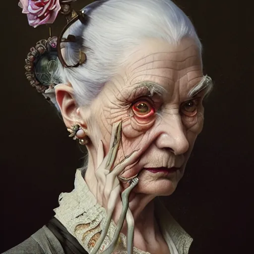 Image similar to portrait painting of an extremely fancy elderly woman with a devious expression, gaslamp fantasy, victorian, ultra realistic, concept art, intricate details, eerie, highly detailed, photorealistic, octane render, 8 k, unreal engine. art by artgerm and greg rutkowski and charlie bowater and magali villeneuve and alphonse mucha