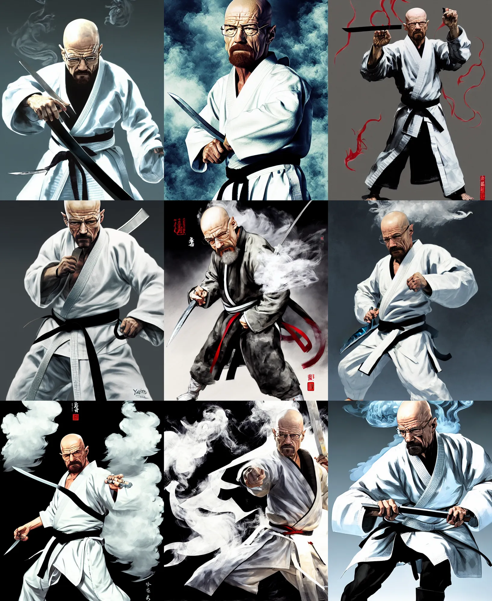 Prompt: Dynamic Concept art of grandmaster walter white wearing a white martial artist gi, pulling blade from scabbard, bald head and white beard, surrounded by white smoke, smoke fills the area, plain background, wushu sword pose by Chen Uen, art by Yoji Shinkawa, 4k