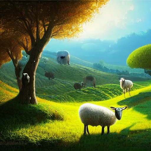 Image similar to sheep in pastoral scene, verdant valley, splendor, by gediminas pranckevicius