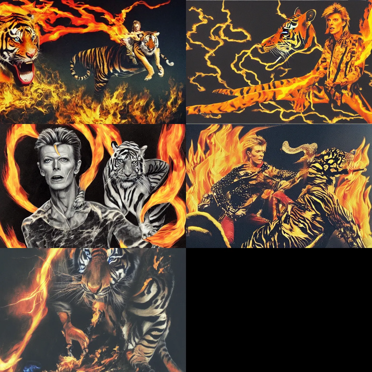 Prompt: David Bowie riding tiger of lightning through fire wheel