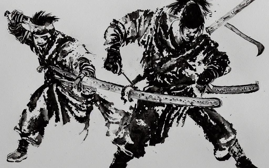 Prompt: samurai wielding a chainsaw, black and white watercolor