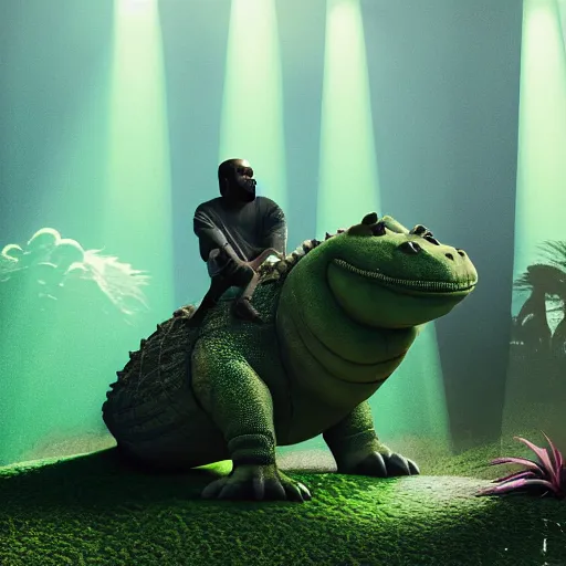 Image similar to Kanye West riding an ((aligator)), next to ((Shrek)), splash art, movie still, cinematic lighting, dramatic, octane render, long lens, shallow depth of field, bokeh, anamorphic lens flare, 8k, hyper detailed, 35mm film grain