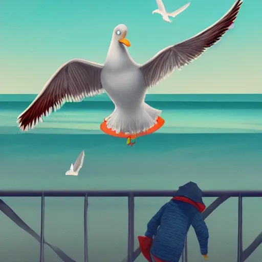 Prompt: A flying seagull holding 🍟, at the pier, illustration, storybook, Artstation