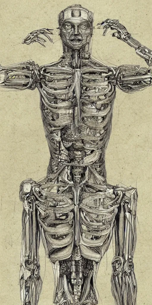 Prompt: half human half organic robot anatomy sketch by Leonardo da Vinci, sketchbook, highly detailed, symmetrical, full shot