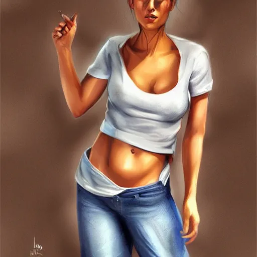 Image similar to woman in jeans wih belly, white t - shirt, realistic style, digital painting, diego fazio, samuel silva