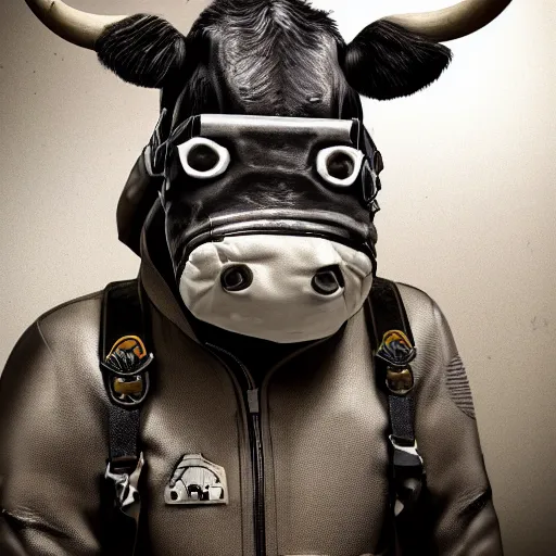 Image similar to a highly detailed ultra realistic photograph of a cow dressed in a fighter jet jumpsuit and mask