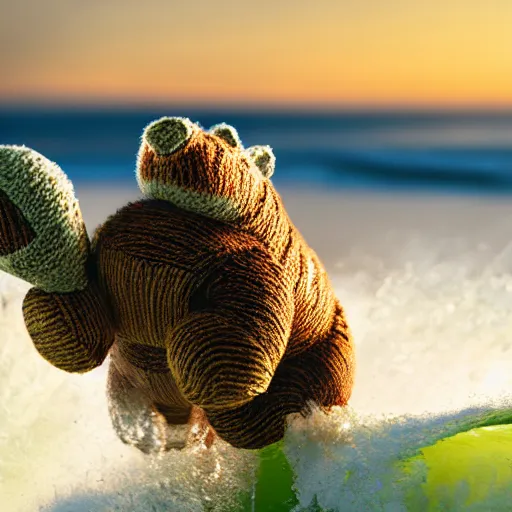 Image similar to a closeup photorealistic photograph of a knitted tiger hippopotamus plush toy riding an epic wave during sunset. surf in the background. professional capture. brightly lit scene. this 4 k hd image is trending on artstation, featured on behance, well - rendered, extra crisp, features intricate detail, epic composition and the style of unreal engine.