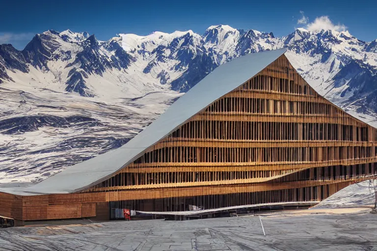 Image similar to architecture photo modern wooden fachwerk giant opera building settlement with Elbrus mountain on the background, architecture, photorealism 8k , shining and happy atmosphere, uplight, high details