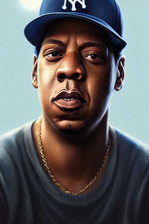 Image similar to portrait of jay - z with ny baseball hat, staring directly into camera, intricate, elegant, glowing lights, highly detailed, digital painting, artstation, sharp focus, illustration, art by wlop, mars ravelo and greg rutkowski