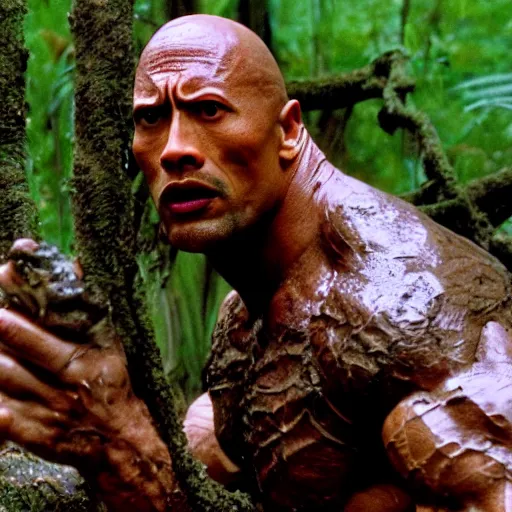 Prompt: film still of a mud - covered dwayne johnson as dutch hiding behind a tree from the predator in predator 1 9 8 7, hd, 8 k