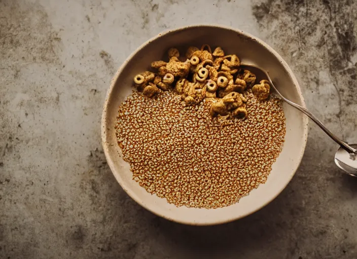 Prompt: dslr food photograph of a a bowl of cereal made of rusty nails and bolts with milk and a spoon in the bowl, 8 5 mm f 1. 8