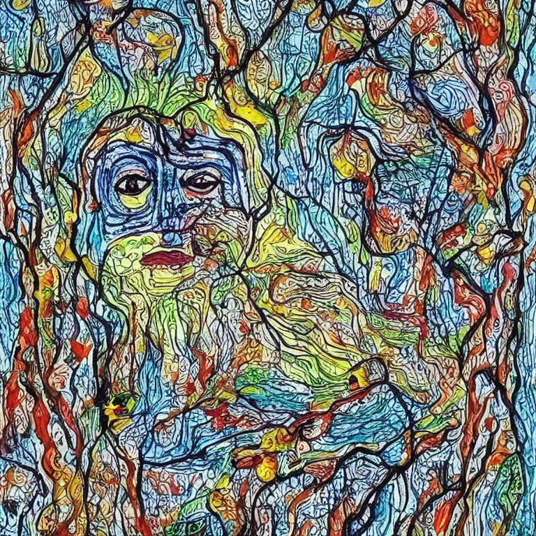 Image similar to human with the sea and the forest inside, veins diverge through the body like rivers filmed on a satellite, a person is decorated with wild berries, a beautiful bird is looking at him next, art brut, colorful picture