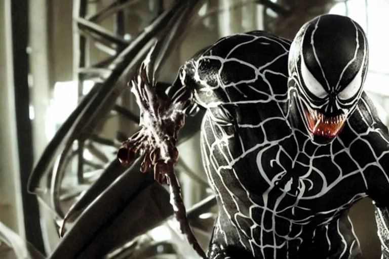 Image similar to film still of Thomas Haden Church as Eddie Brock wearing Venom costume in Spider-man 3 2007, 4k