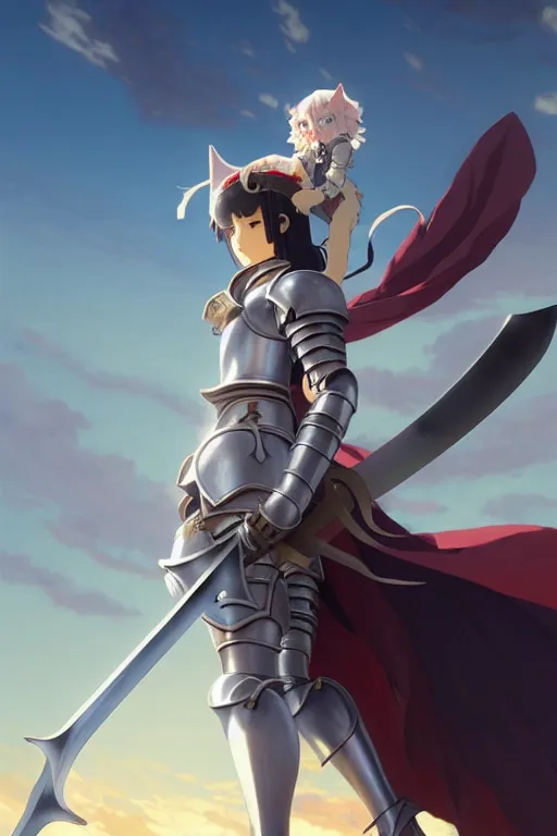 Image similar to a full body of the female knight with a cat on her head with gigantic sword, finely detailed features, closeup at the faces, perfect art, gapmoe yandere grimdark, trending on pixiv fanbox, painted by miura kentaro greg rutkowski makoto shinkai takashi takeuchi studio ghibli, akihiko yoshida