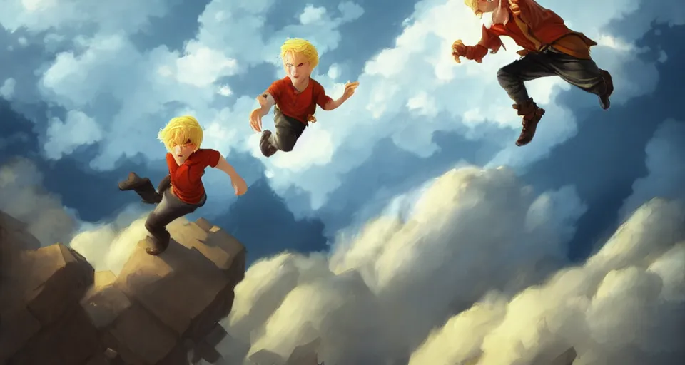 Image similar to a young blonde boy fantasy thief flying through the clouds, andreas rocha style