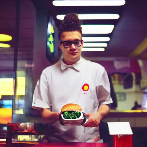 Prompt: zeus portrait working in a fast food restaurant, in a cinematic cyberpunk style, 3 5 mm