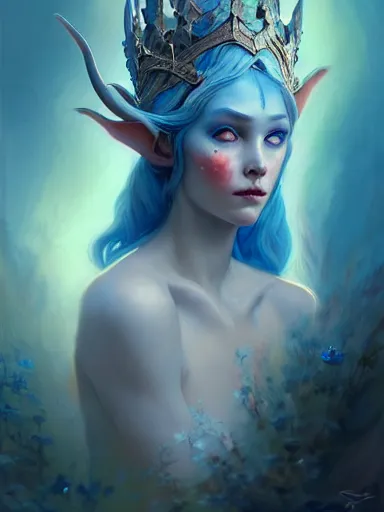 Image similar to the elven queen with blue skin by james jean, charlie bowater, tom bagshaw, nikolay makovsky : : enchanting, ethereal, magical, portrait, character design, illustration, hyperrealism, photorealism, digital art, concept art, fantasy, whimsy, weta, wlop, artstation