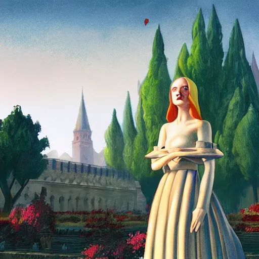 Prompt: Elle Fanning, head and shoulders masterpiece, in Anor Londo, golden hour, in a garden, artstation, in the style of Art Deco and Edward Hopper and Bosch, extremely detailed