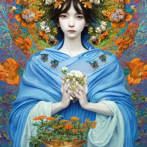 Image similar to breathtaking detailed concept art painting of the goddess of nemophila flowers, orthodox saint, with anxious, piercing eyes, ornate background, amalgamation of leaves and flowers, by Hsiao-Ron Cheng, James jean, Miho Hirano, Hayao Miyazaki, extremely moody lighting, 8K