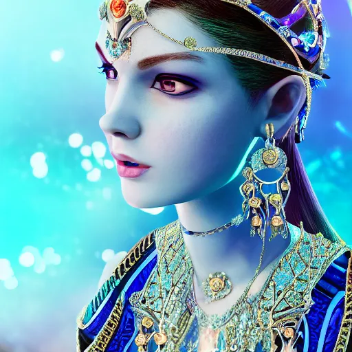 Prompt: photo of princess of sapphire, sad, glowing, ornate and intricate blue jewelry, jaw dropping beauty, glowing background lighting, blue accent lighting, hyper detailed, 4 k octane render