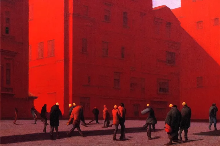 Prompt: only with red, crowd cheering a lot, an exposed picture in a city square, in the style of beksinski, parts by edward hopper, parts by rodcenko, parts by yue minjun, intricate and epic composition, red by caravaggio, insanely quality, highly detailed, masterpiece, red light, artstation, 4 k