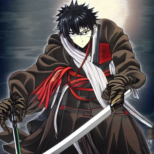 Image similar to anime drifters man large samurai sword night under full moon artist kouta hirano