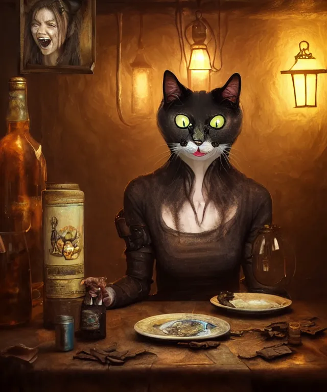 Image similar to hyperrealistic mixed media painting of a creepy smiling cat, dimly lit cozy tavern, leather tunic, confident relaxed pose, d&d, stunning 3d render inspired art by Gerlad Brom and Anna Dittmann + perfect facial symmetry + dim volumetric lighting, 8k octane beautifully detailed render, post-processing, extremely hyperdetailed, intricate, epic composition, grim yet sparkling atmosphere, cinematic lighting + masterpiece, trending on artstation, very very detailed, masterpiece, stunning