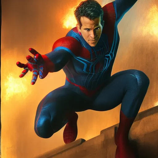 Image similar to ryan reynolds as a black and blue suit spider - man, cinematic, volumetric lighting, f 8 aperture, cinematic eastman 5 3 8 4 film, photorealistic by greg rutkowski, by stanley artgerm, by alphonse mucha