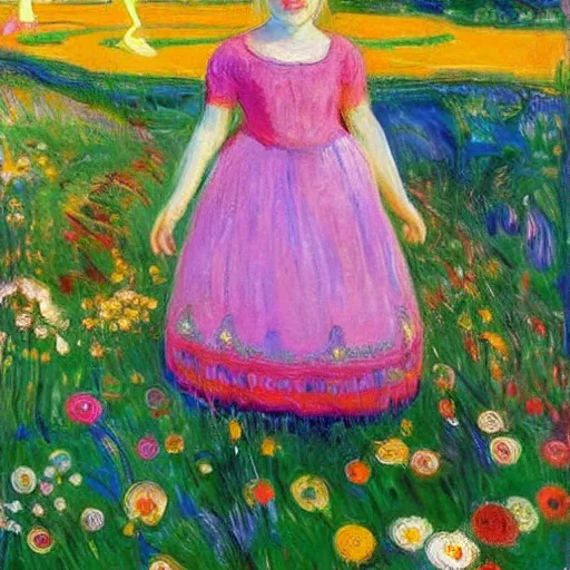 Prompt: by victor nizovtsev, by edvard munch ornamented. a computer art of a young girl with blonde hair, blue eyes, & a pink dress. she is standing in a meadow with flowers & trees.