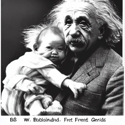 Prompt: b&w photo of Einstein holding baby Yoda on his arm next to the Eiffel tower