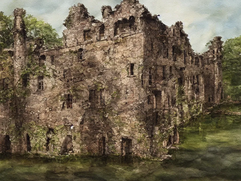 Image similar to A water painting of a dilapidated ancient castle building in the wood