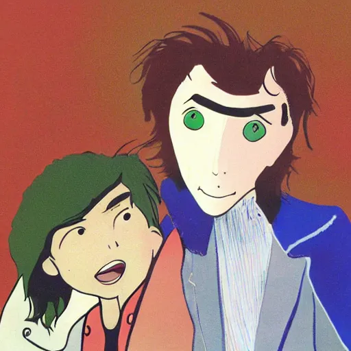 Image similar to ray davies and david bowie, illustration by studio ghibli