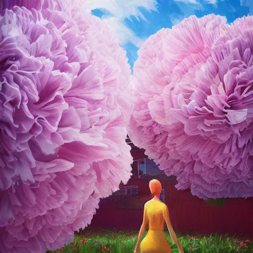 Prompt: giant carnation flowers head, woman walking between luxury apartments, surreal photography, sunlight, impressionist painting, digital painting, artstation, simon stalenhag