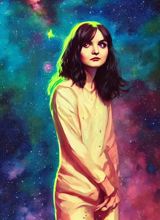 Image similar to full - length portrait of lauren mayberry, standing in front of a colorful starry galaxy, detailed face, fantasy, cinematic lighting, digital art painting, fine details by realistic shaded lighting poster by ilya kuvshinov katsuhiro otomo, magali villeneuve, artgerm, jeremy lipkin and michael garmash and rob rey