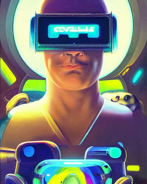 Image similar to sloth as future coder man looking on, sleek cyclops display over eyes and sleek bright headphoneset, neon accent lights, holographic colors, desaturated headshot portrait digital painting by dean cornwall, rhads, john berkey, tom whalen, alex grey, alphonse mucha, donoto giancola, astronaut cyberpunk electric