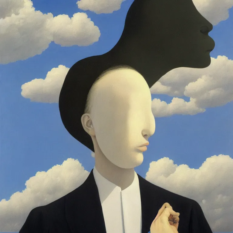 Image similar to portrait of a faceless shadow - head woman in a suit, clouds in the background, by rene magritte, detailed painting, distance, centered, hd, hq, high resolution, high detail, 4 k, 8 k