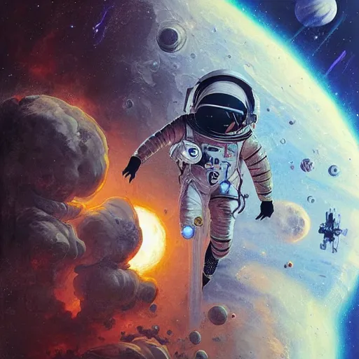 Prompt: detailed rococo painting of a black astronaut spacewalking, planets behind, nebulas, dynamic lighting, 8 k, star wars, art by greg rutkowski, kehinde wiley