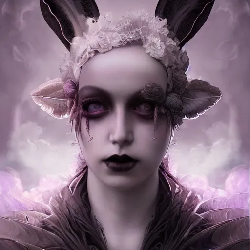 Image similar to tom bagshaw, soft painting fractal curiosities carnival, very beautiful mutated human female rabbit in full ornated nightshade gothic dress, accurate features, focus, very intricate ultrafine details, black white purple volumetric clouds, award winning masterpiece, octane render 8 k hd