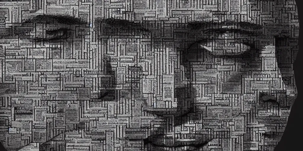 Prompt: Intricate detailed illustration, A portrait of a face constructed from newspaper clippings, cinematic lighting, by Philip Hood, wide angle, volumetric light scattering, 8k, artstation, concept art,