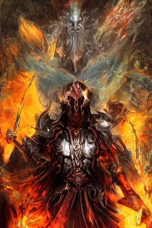 Image similar to Path of Exile, Sirius, clear [bronze] face, luminous red eyes, male image with bronze black armor, sitting on the throne, inside the ruined gothic church, black shadows, red lasers, dark red bloody fog, black tornadoes fly around, [[blood]], Anachronism, painting, dark fantasy, steampunk, 4k, perfect quality,